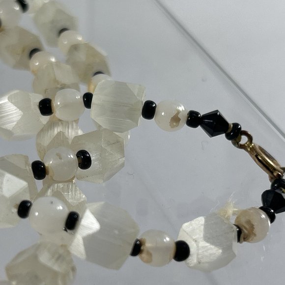 Long 56" Beaded Necklace White Faceted Beads Black Spacers Tunic Length - Picture 10 of 12